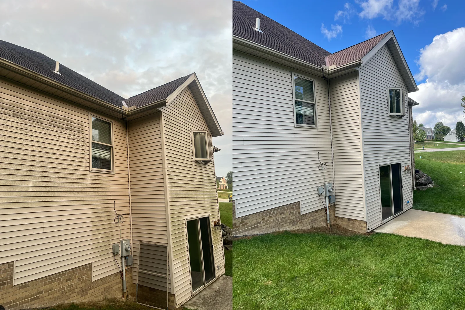 Before and after comparison of washed vinyl siding on a home