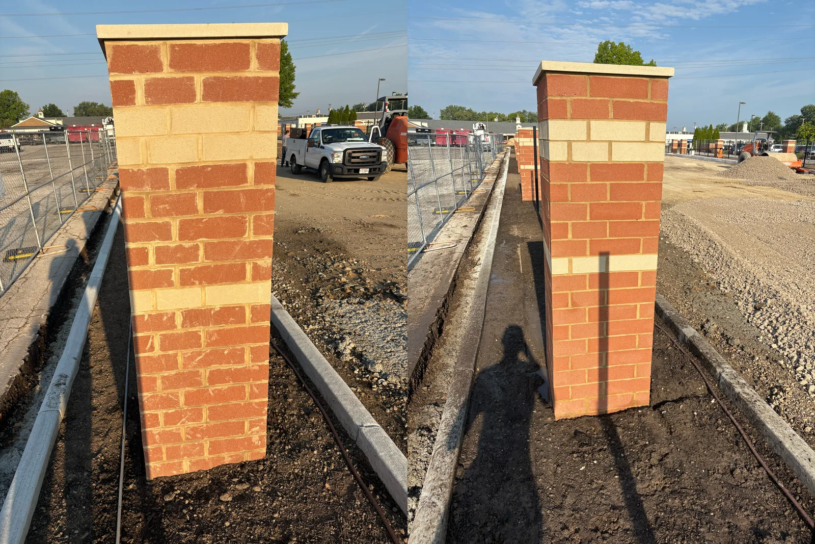 Before and after comparison of cleaned brick columns